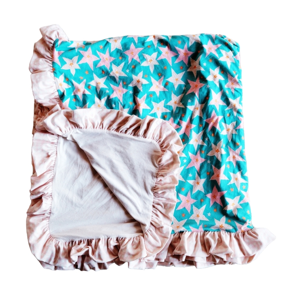SweetHoney Teal Star Print Blanket with Pink Ruffle Trim